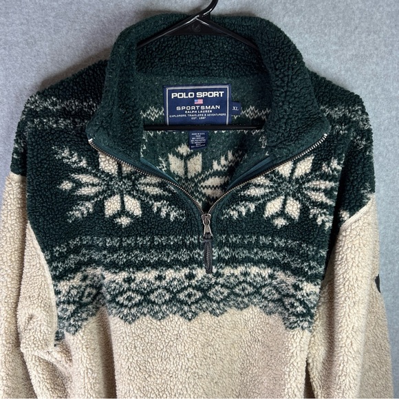 Polo Sportsman Vintage Fleece Mens XL Snowflake Beige Green Quarter-Zip Cozy - Picture 1 of 5